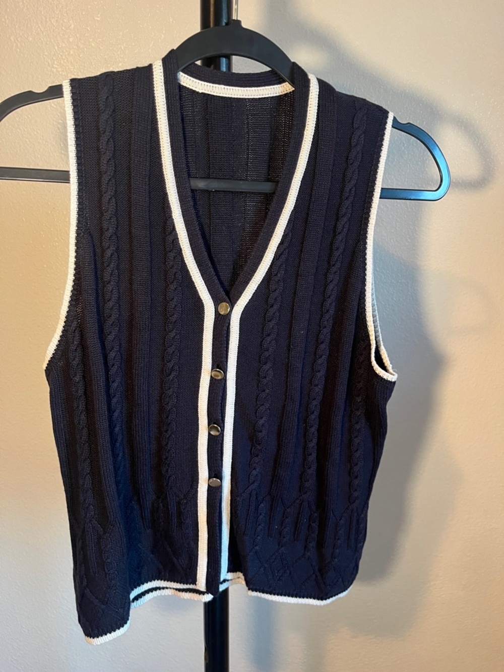 Navy Cable Knit Button-Front Vest with White Trim 90s vintage